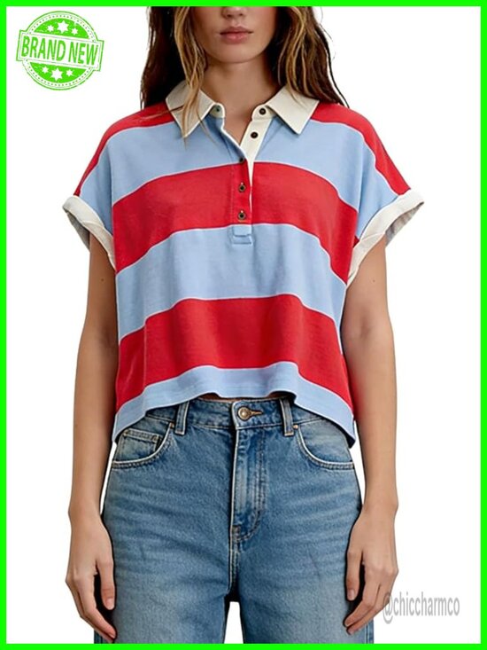 Tops - Striped Oversized Y2K Polo Top Short Sleeve Cropped Baggy T-shirt